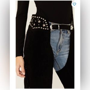 Black Boot Cut 100% Leather Suede Chaps with Star Embellishments